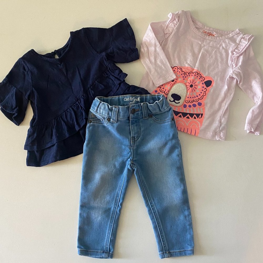 3Pc Cat & Jack Fall Bear Outfit Navy Skinny Jeans
